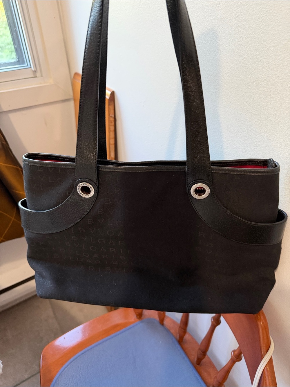 Bulgari Black Canvas Tote with Subtle Monogram and Red Lining